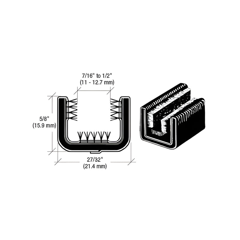 A technical diagram and 3D view of a U-shaped glass run channel with internal pile lining for framed vehicle glass.