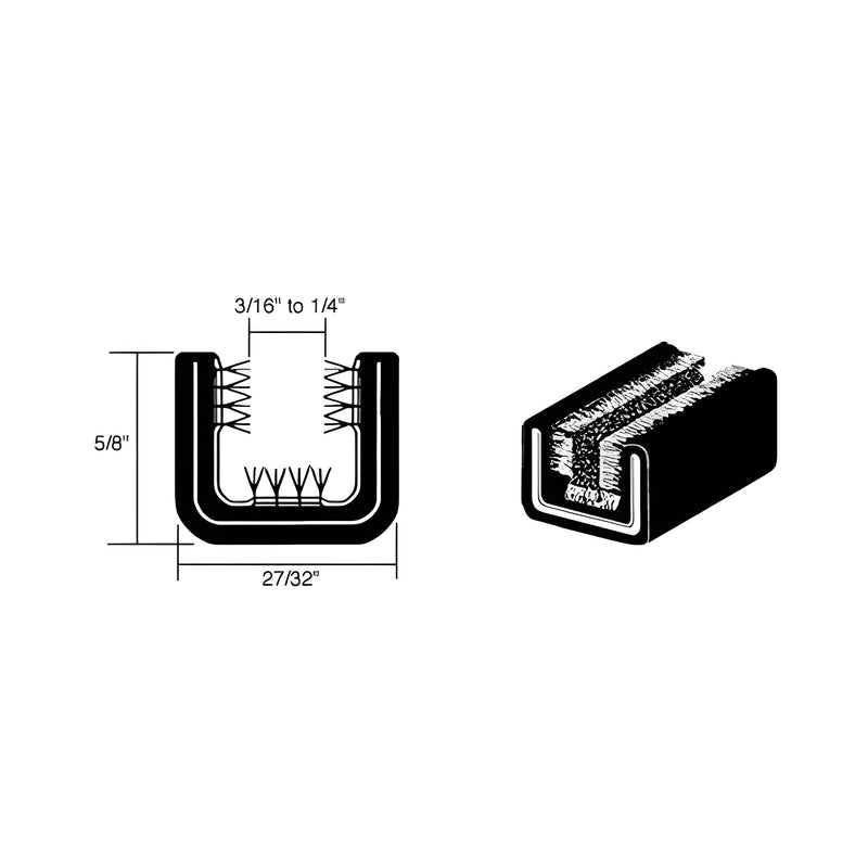 A technical diagram showing the cross-section and profile of a black U-shaped channel with internal pile lining for truck glass.