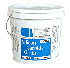 A white plastic bucket of CRL 60X grit silicon carbide grain with a blue label.