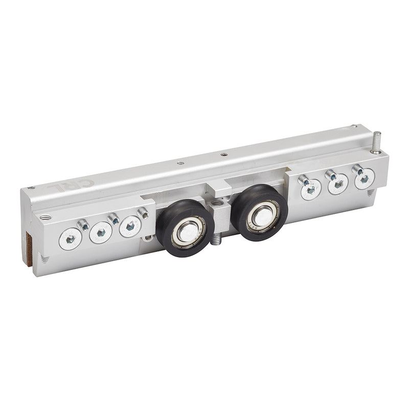 A metal sliding door hanger assembly featuring two black rollers and multiple adjustment screws.