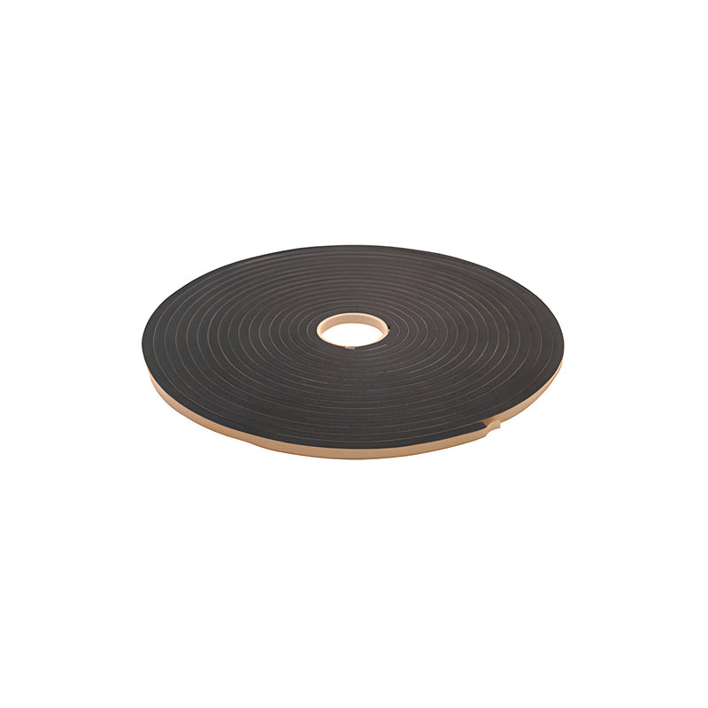 A coiled roll of black closed cell sponge rubber tape with a tan adhesive backing.