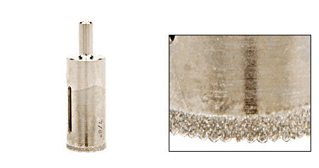 A 7/8 inch diamond plated steel drill bit with a reduced round shank shown alongside a close-up of the textured diamond cutting edge.