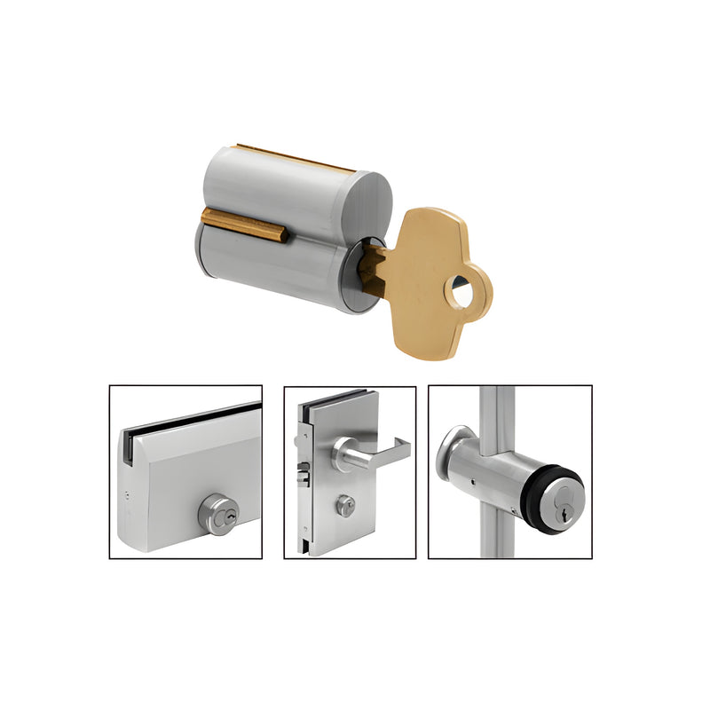 A brushed nickel 7-pin small format interchangeable core cylinder with a brass key inserted, shown alongside various commercial door hardware applications.