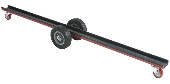 A 72-inch heavy-duty steel frame glass dolly with two central wheels and two smaller swivel casters at the ends.