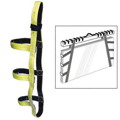 A pair of 78-inch yellow heavy-duty glass slings shown alongside a diagram illustrating their use for lifting glass panels.
