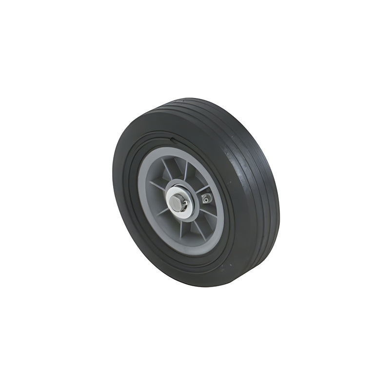 A black 8-inch all-rubber replacement wheel with a grey center hub and metal axle hardware.