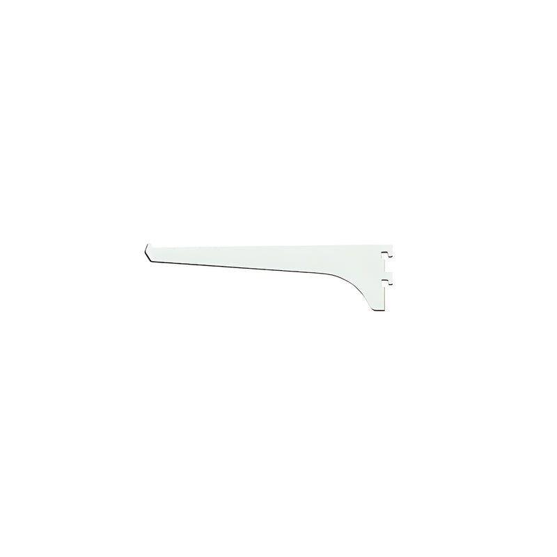 A side profile view of an 8-inch brite anodized aluminum shelf bracket with a slotted mounting end.