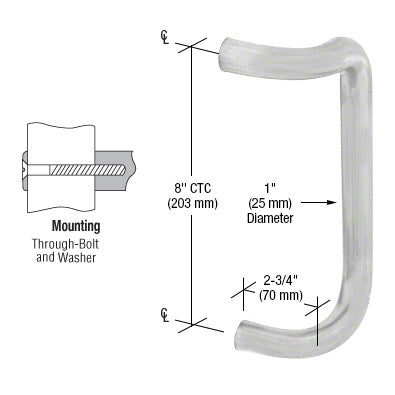 A technical diagram showing the dimensions and through-bolt mounting style of the CRL 8-inch brushed stainless steel offset door pull.