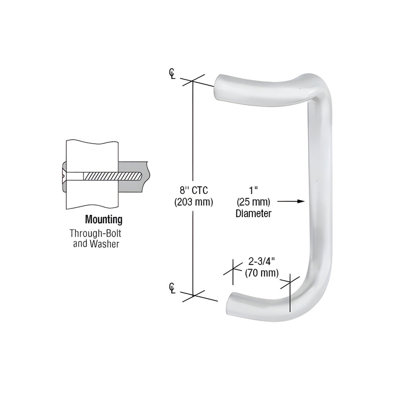 A technical diagram showing the dimensions and through-bolt mounting style of the CRL 8-inch satin chrome offset door pull.