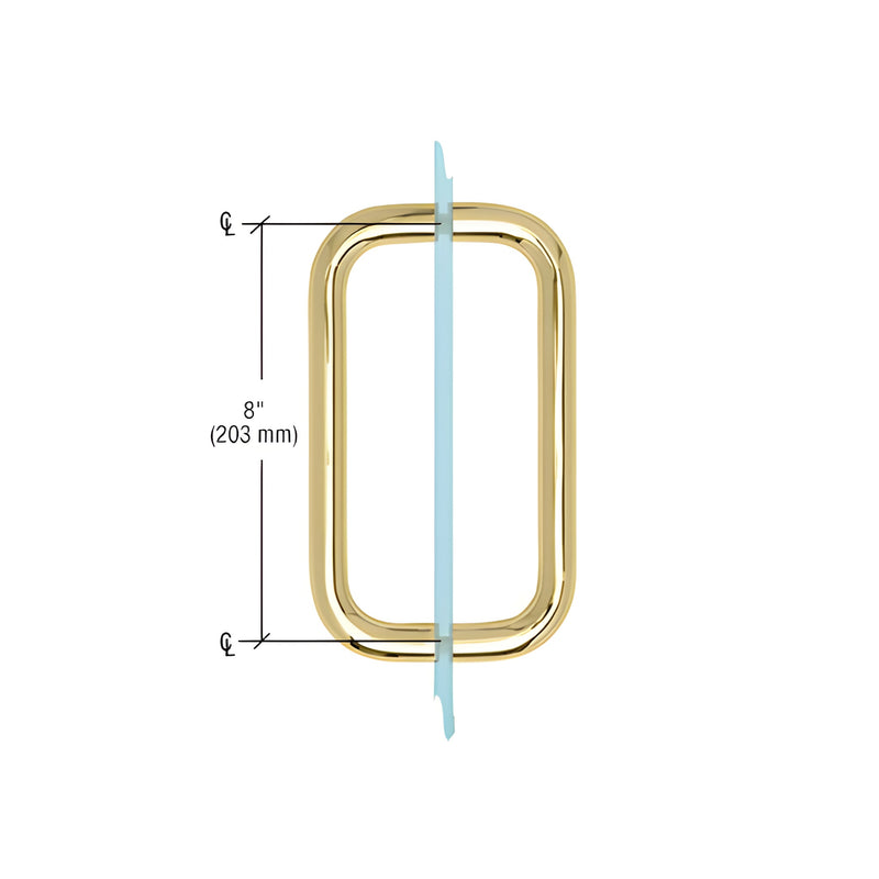 A side-view diagram of an 8-inch unlacquered brass back-to-back tubular handle mounted through a glass panel.