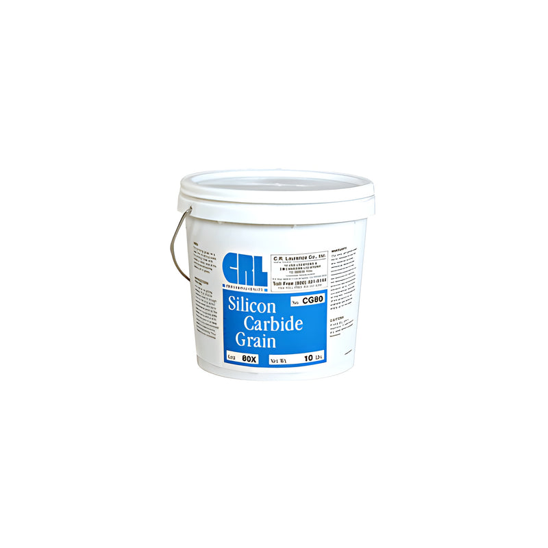 A white plastic bucket containing CRL 80X grit silicon carbide grain with a blue product label.