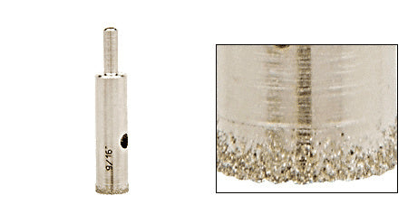 A 9/16 inch diamond plated steel drill bit with a reduced round shank shown alongside a close-up view of the diamond abrasive cutting edge.