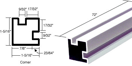 A technical diagram and perspective view of a 72-inch aluminum 90-degree corner post extrusion with pocket glazing channels.