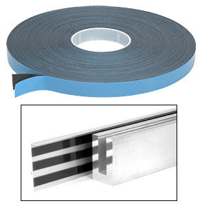 A roll of black acrylic foam cladding tape with a blue release liner shown alongside a metal channel profile.
