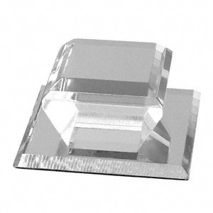 A clear, hand-cut square acrylic mirror pull with an adhesive-backed base.