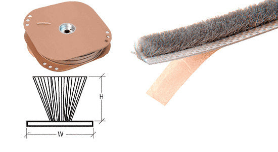 A 700-foot roll of light gray adhesive-backed Windo-Pile shown with a technical diagram illustrating the backing width and pile height.