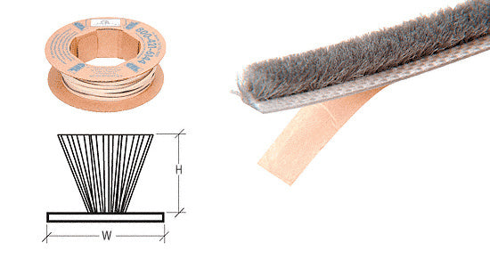 A 100-foot roll of light gray adhesive-backed woven pile weatherstripping shown with a technical diagram of its dimensions.