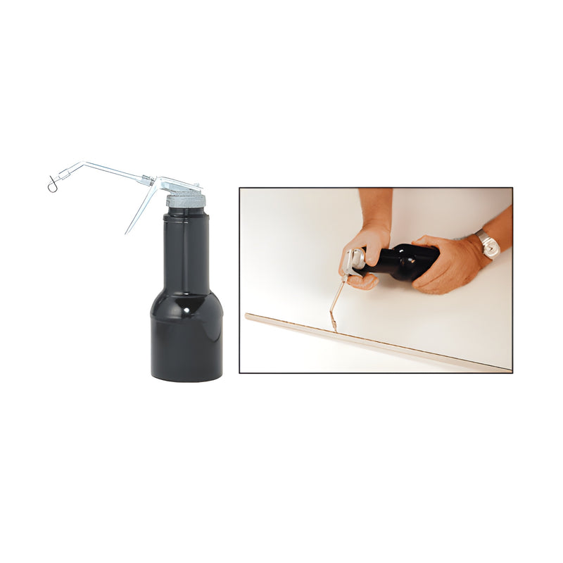 A CRL adhesive pump with a 16 fl. oz. can is shown alongside an inset image of hands using the tool to apply adhesive to a surface.