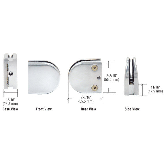 Technical diagram showing the base, front, rear, and side views of a satin chrome adjustable glass clamp with dimension labels.