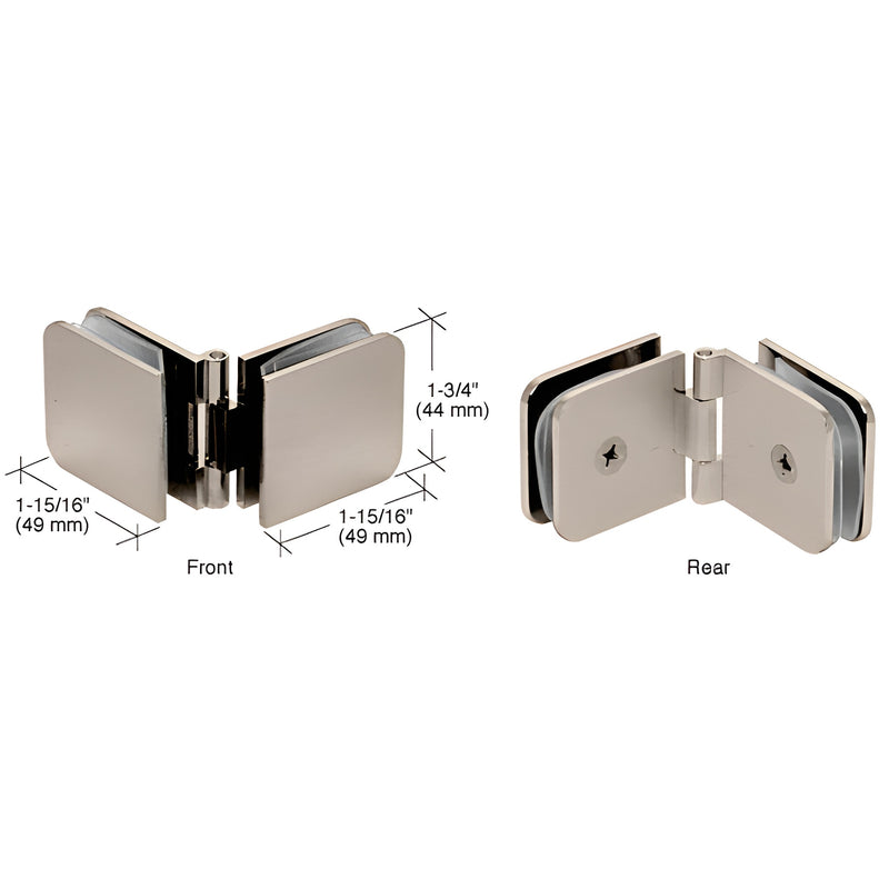 Front and rear views of a brushed nickel adjustable glass-to-glass clamp with dimension labels.