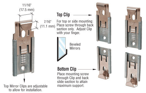 A diagram showing four nickel-plated steel mirror clips with dimensions and installation instructions for top and bottom mounting.