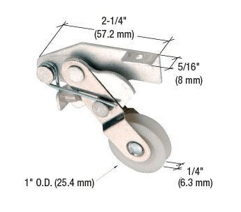 An adjustable sliding screen door roller with a 1-inch concave nylon wheel and aluminum housing shown with dimension labels.