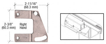 A mill finish aluminum right-hand fastening plate for 135-degree top rails shown with technical dimension drawings and an installation diagram.