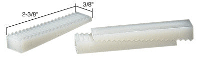 Two white plastic adjustable setting blocks with serrated edges shown at 2-3/8 inch length and 3/8 inch width.