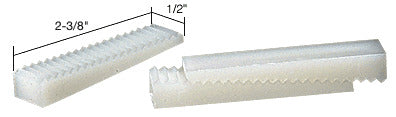 Two white plastic adjustable setting blocks with serrated edges shown with 2-3/8 inch length and 1/2 inch width dimensions.
