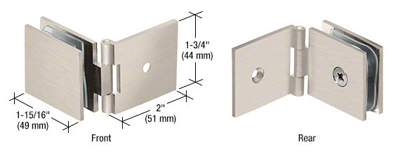 A technical diagram showing the front and rear views of a brushed nickel square wall mount glass clamp with dimension labels.