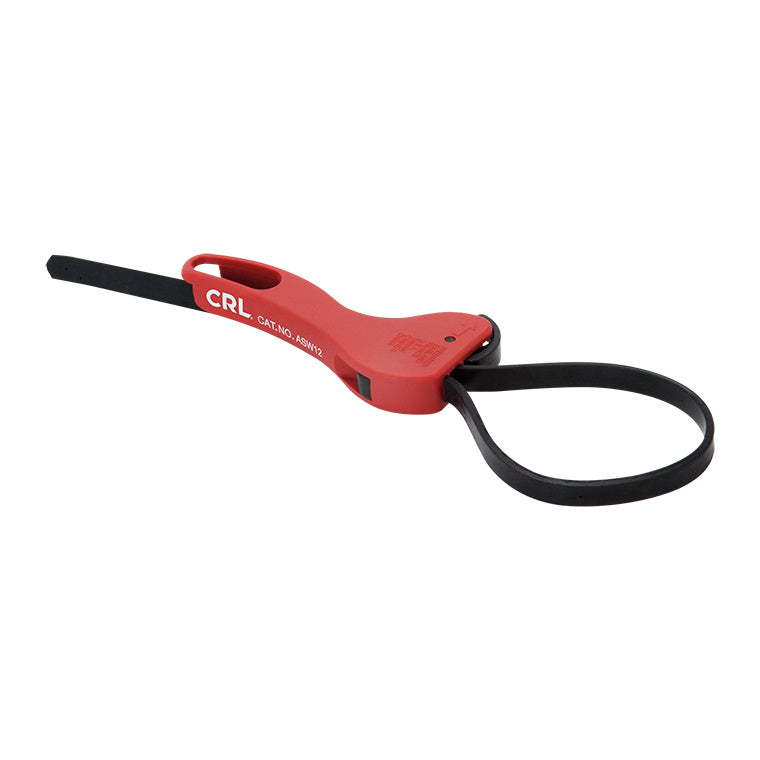 A red CRL adjustable strap wrench with a black rubber strap shown against a white background.