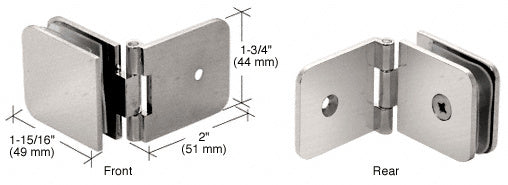 A technical diagram showing the front and rear views of a brushed nickel adjustable wall mount glass clamp with dimension labels.