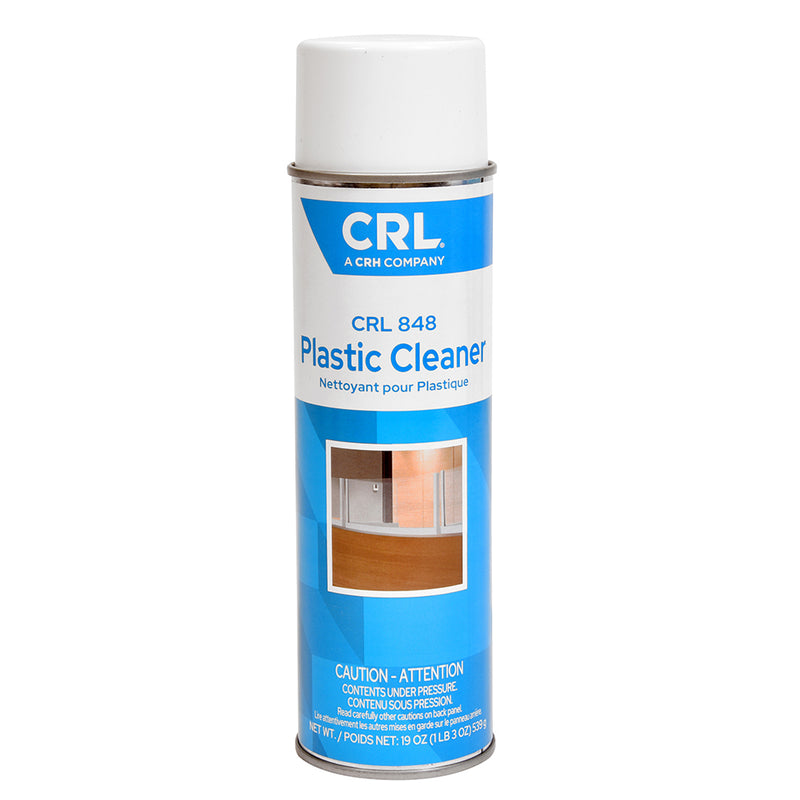 A single 19 oz. aerosol can of CRL Plastic Cleaner featuring blue and white branding.