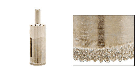 A 13/16 inch diamond-plated steel drill bit with a reduced round shank shown alongside a close-up of the textured diamond cutting edge.