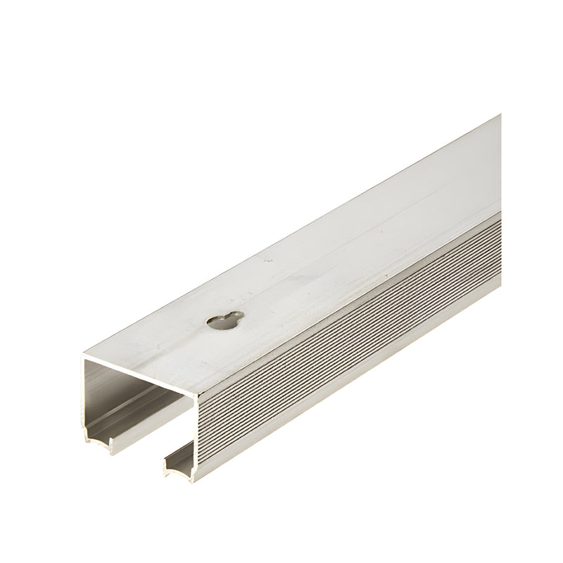 A section of the silver aluminum wardrobe door track showing its rectangular profile, ribbed sides, and a keyhole mounting slot on the top surface.