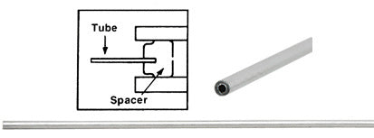 A diagram showing a breather tube installed in a glass spacer alongside a close-up and full-length view of the aluminum tube.