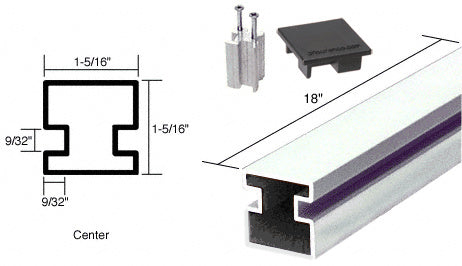 A 18-inch square aluminum center counter post shown with a technical cross-section diagram, mounting hardware, and a flat cap.