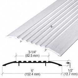 A close-up view of the ribbed aluminum saddle threshold showing its 6-inch width and 1/2-inch height profile.