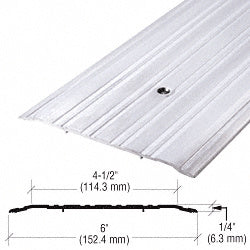 A close-up view of a 6-inch wide aluminum saddle threshold with a 1/4-inch profile and a technical diagram showing dimensions.