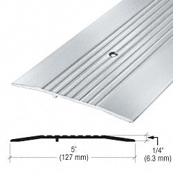 A close-up view of a 5-inch wide aluminum saddle threshold with a ribbed surface and a cross-section diagram showing its 1/4-inch height.