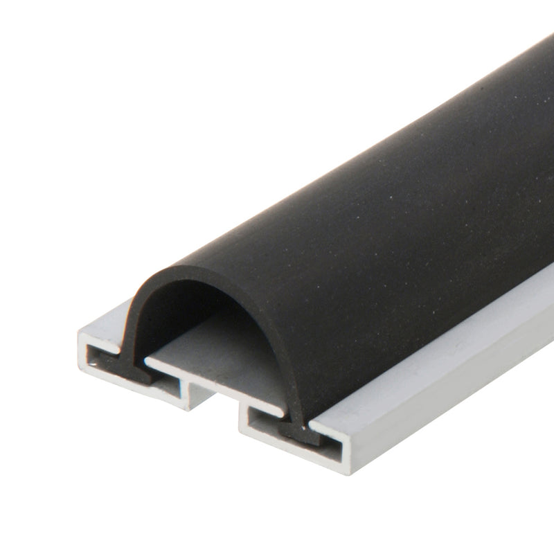 A close-up view of a 36-inch aluminum door bottom featuring a black vinyl sweep.