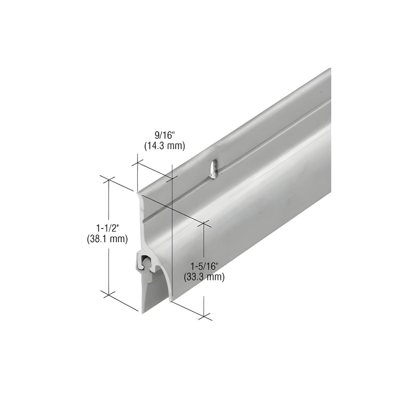 A close-up view of a 36-inch aluminum door rain drip with an integrated vinyl sweep and technical dimension labels.