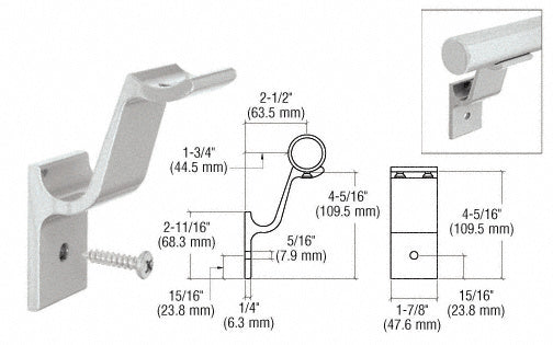 A technical diagram showing the dimensions and assembly of a metallic silver aluminum hand rail bracket for 1-1/2 inch diameter tubing.