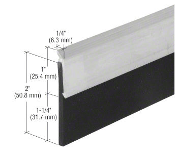 A close-up view of a CRL aluminum heavy-duty door sweep showing the 1-inch aluminum frame and 2-inch black vinyl seal with dimension labels.