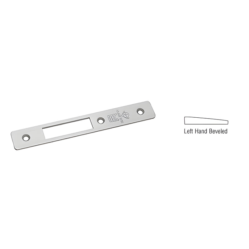 An aluminum left-hand beveled faceplate for Adams Rite MS1853H series hook throw deadlocks shown with a diagram of the beveled edge.