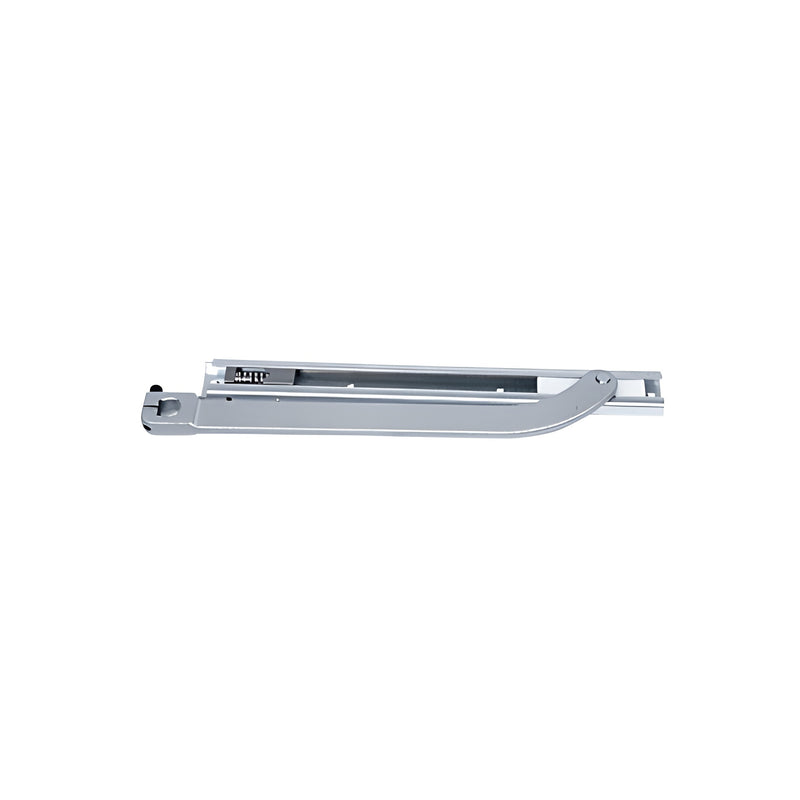 A silver aluminum offset arm assembly with a surface mount slide-track for door hardware applications.