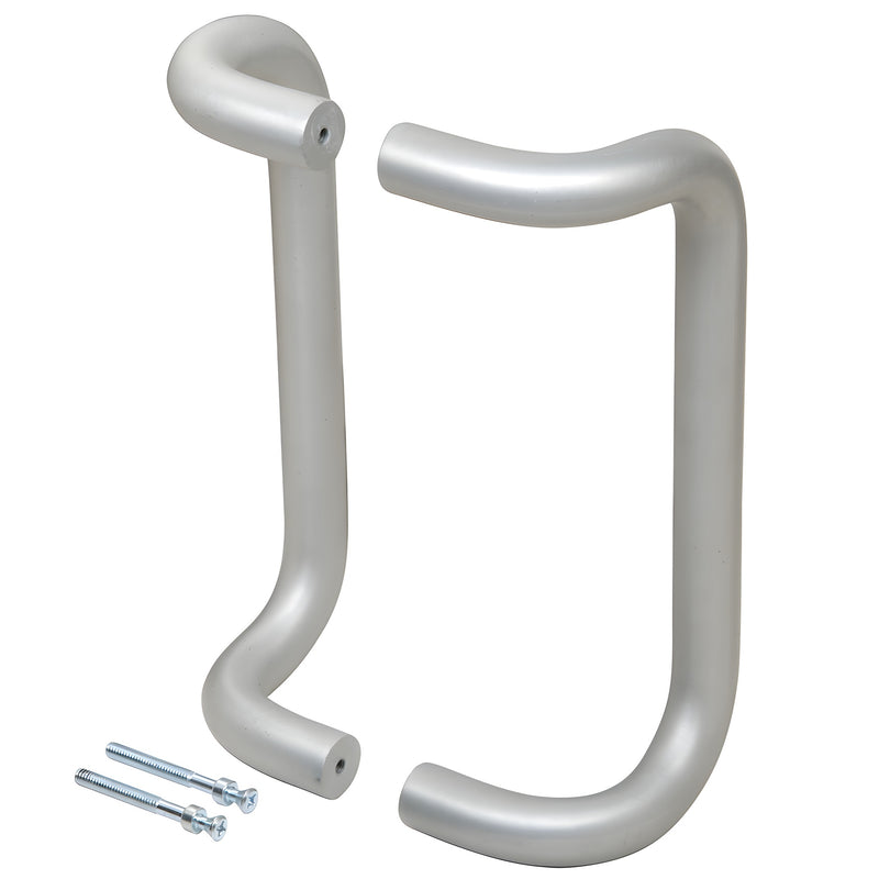 A pair of aluminum offset door pulls shown with included back-to-back mounting hardware.