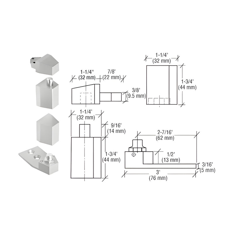 Technical diagram and product view of the CRL aluminum offset pivot set showing dimensions and component parts.