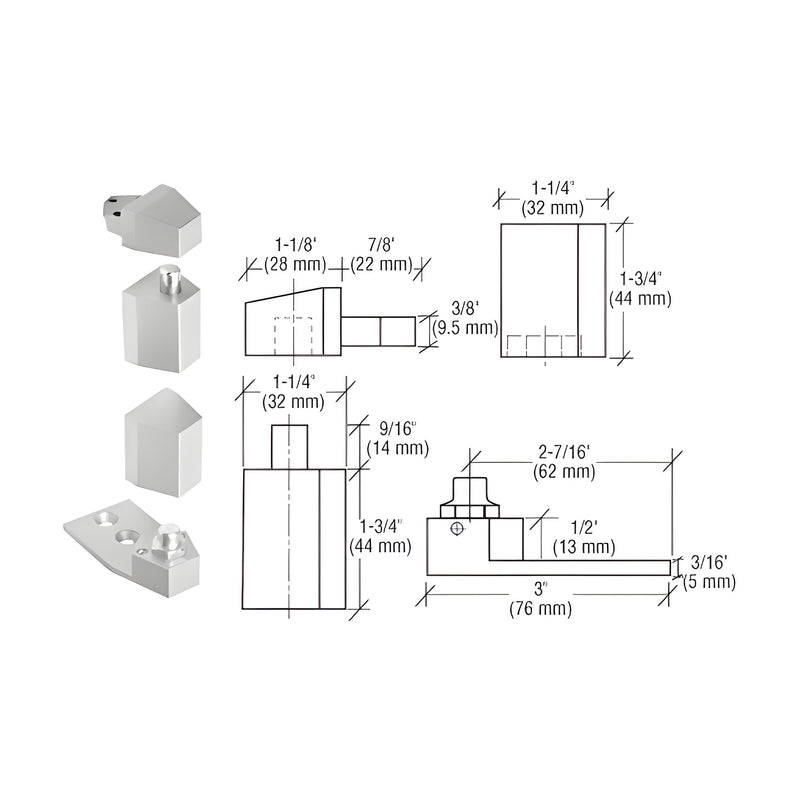 Technical diagram and product view of the CRL aluminum offset reversible pivot set showing dimensions and components.