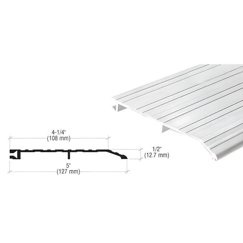 A 73-inch long aluminum saddle threshold shown with a technical cross-section diagram indicating its 5-inch width and 1/2-inch height.